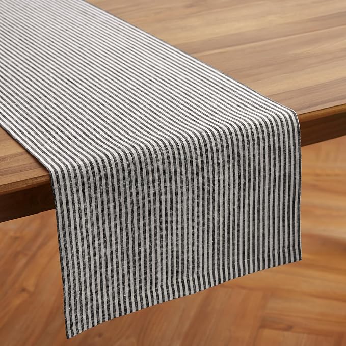 Solino Home 100% Pure Linen Table Runner, 14 x 72 in, Black, Narrow Stripe | a graceful centrepiece for dining and gatherings, woven stripe, European flax fibres, machine washable, OEKO-TEX Certified