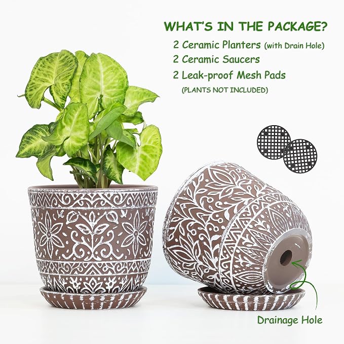 Gepege Ceramic Plant Pots, 6 Inch Indoor Planters with Drainage & Saucers | Ceramic pots for plants with drainage holes, ceramic saucers and mesh pads, ideal for flowers, herbs and succulents, set of 2