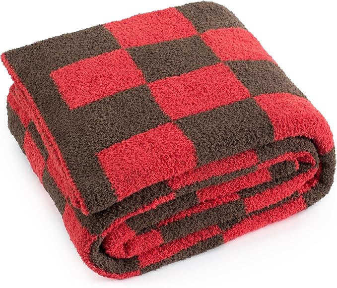 Carriediosa Checkered Throw Blanket 50x60, 400GSM Ultra Soft Microfiber | Red, Fuzzy Fluffy Cozy Plush Knit Knitted Plaid Checker, Lightweight Cute Preppy Fall Blankets & Throws for Couch, Bed
