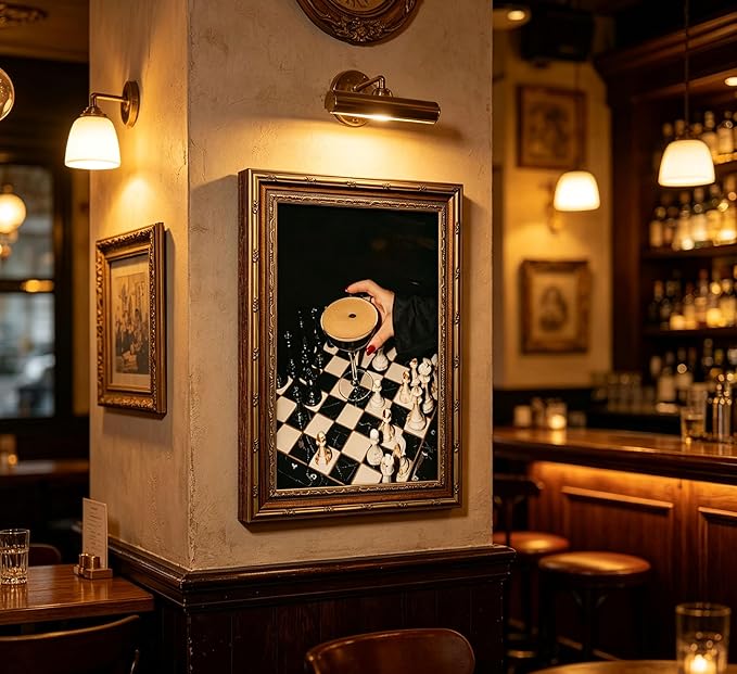 Vintage Gold Framed Martini Bar Wall Art, Moody Cocktail and Chess Canvas Print, Dark Espresso Martini Painting Picture, Chessboard Aesthetic Poster Print Artwork for Kitchen Dining Room Home Bar