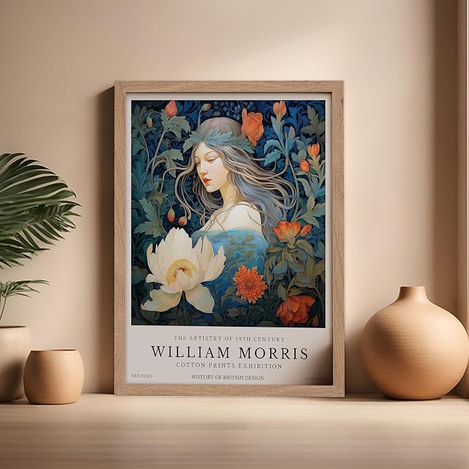 Monem Art William Morris Poster - Woman and Flowers Art Print - Lady Art - Floral Design - Flower Illustration - Aesthetic Bedroom or Living Room Decor - 16x20 Beige Framed