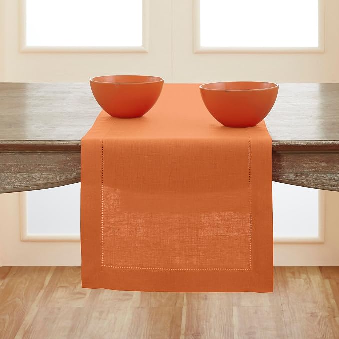 Solino Home 100% Linen Table Runner Pumpkin, Classic Hemstitch 14 x 108 in | dresses up dining tables for everyday meals, hemstitched border, mitered corners, machine washable, soft, OEKO-TEX Certified