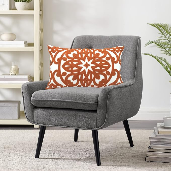 Alysheer Embroidered Lumbar Decorative Throw Pillow Cover 12"x 20", Classic Boho Mandala Embroidery Pattern Cotton Rectangular Cushion Case for Sofa Couch Living Room Bedroom(Burnt Orange)