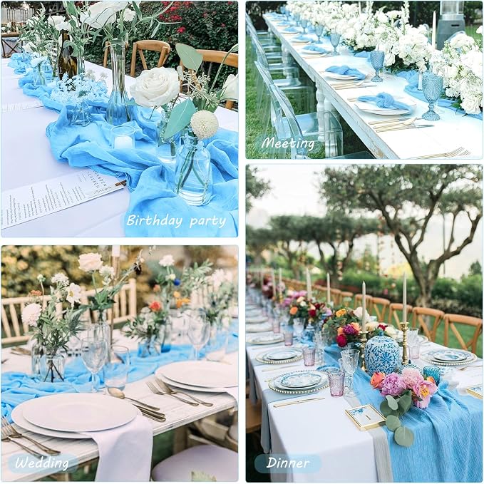 12 Pack Cheesecloth Table Runner 35x72 Inch Boho Gauze Rustic Cheese Cloth Romantic Long Table Runner for Wedding Bridal Shower Birthday Party Table Decor (Baby Blue)