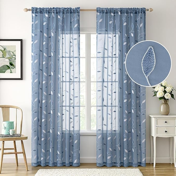 MIULEE Dusty Blue Sheer Curtains 2 Panels Leaf Patterned, W52 x L96 | Embroidered Floral Semi Sheer,Rod Pocket,Faux Linen,Short Window Curtains Drapes Set for Kitchen/Bathroom/Cafe