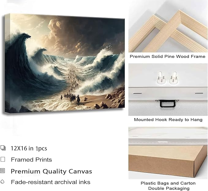 Modern Christian Canvas Wall Art for Living room Bathroom Office Bedroom | Bible Stories Moses Parting Egypt Crossing the Red Sea Picture Jesus Religion Wall Decor Poster Print