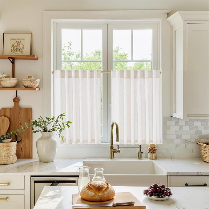 NICETOWN Cream Linen Cafe Curtains 36 inches Long, Rod Pocket & Back Tab Thick Flax Blend Privacy with Light Filtering Short Window Treatments for Kitchen, W55 x L36, 2 Panels