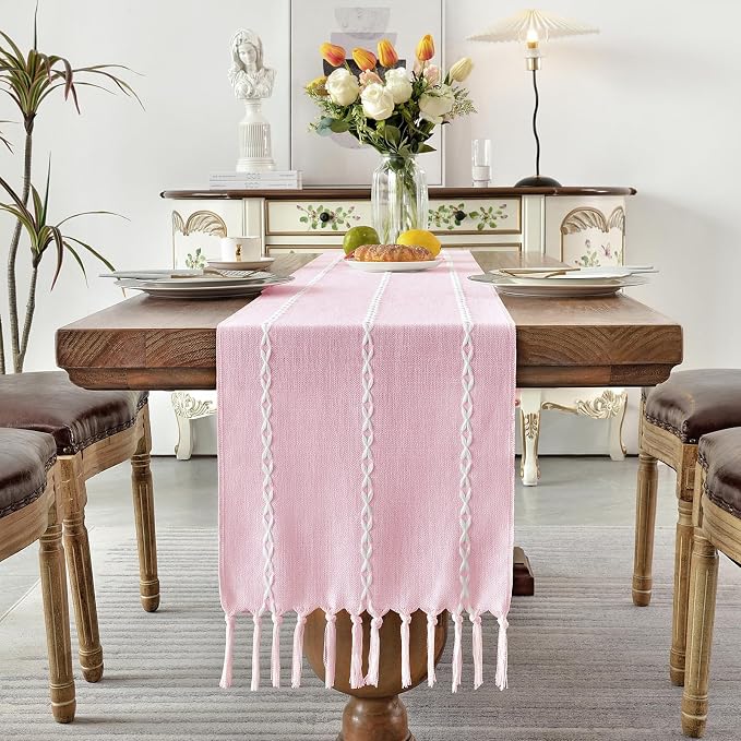 Wracra Rustic Linen Table Runner, Pink Table Runners 90 inches Long | Raised Embroidered Design and Hand-Tassels;Cotton Linen Woven Fabric; Farmhouse Table Runner;Home Kitchen Dining Decor