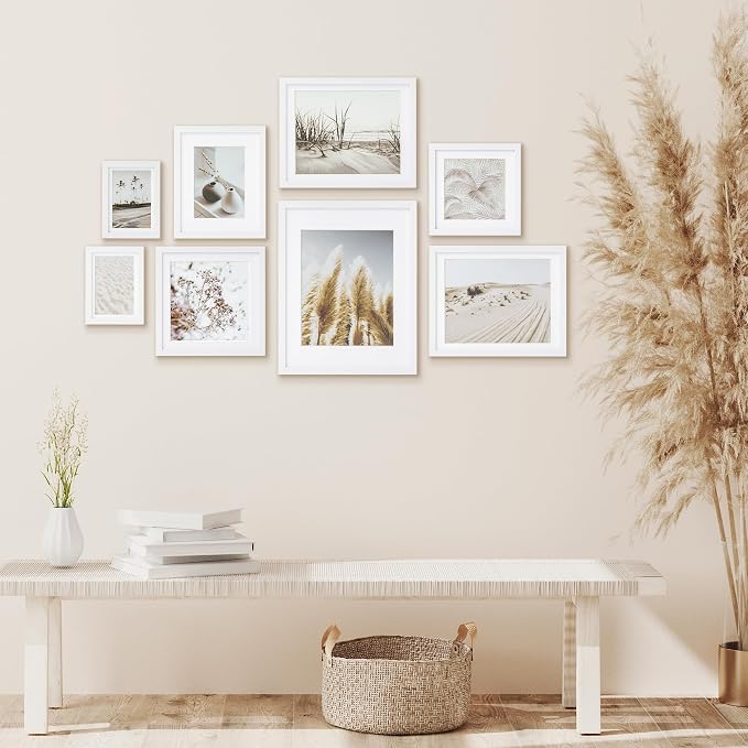 Gallery Wall Frame Set, 8 Pack White Picture Frames, Large | Collage Pampas Grass Prints Wall Art Decor for Living Room, Entryway, Stairway, Bedroom, Assorted Size