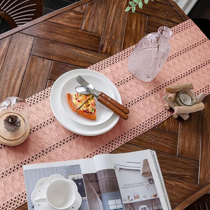 Macrame Table Runner Pure Pink Boho Table Runners with Tassels 12x48in | Alynsehom Hand Woven Cotton Table Runner Rustic Farmhouse Table Runners for Bohemian Kitchen Dining Table