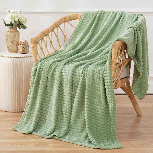 Puncuntex Fleece Throw Blanket Sage Green 50"×60" with Square Grid Design | Super Soft Plush Cozy Flannel Throw Blanket Luxury for Couch Sofa Chair