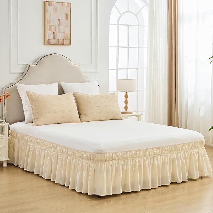 BISELINA Wrap Around Bed Skirts 17" Drop, Cotton Adjustable Elastic Dust Ruffles Easy Fit Wrinkle & Fade Resistant Soft Cozy Elegant Luxurious Bedding - Beige, King Size