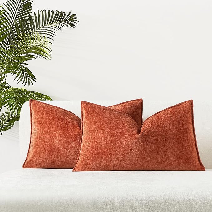 JUSPURBET 12x20 Chenille Throw Pillow Covers Set of 2,Burnt Orange | Decorative Cozy Soft Lumbar Cushion Covers Case with Hidden Zipper for Couch Sofa Bed Home Decor Living Room