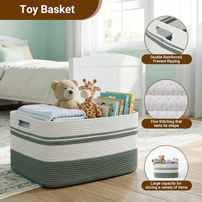 Large Laundry Basket/Hamper, 25"x16"x16" Rectangle Woven Basket | Toy Storage Basket, Baby Blanket Basket, With Handle, Shelf Basket, Living Room Organizing
