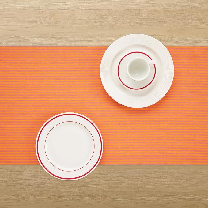 Solino Home 100% Linen Table Runner, 14 x 72 in, Pink and Orange Striped | Narrow Stripe, a graceful centrepiece for dining and gatherings, woven stripe, European flax fibres, soft, OEKO-TEX Certified