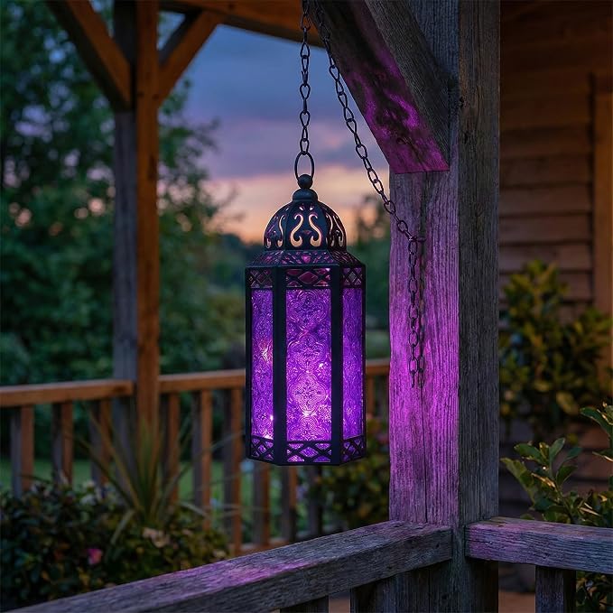Vela Lanterns Purple Decor Candle Lantern Holder with LED Fairy Lights, M | Halloween Spooky Witch & Vampire Decor, Gothic Whimsigoth Home, Fantasy Flameless Moroccan Metal Hanging Lamp, 10.5" Tall