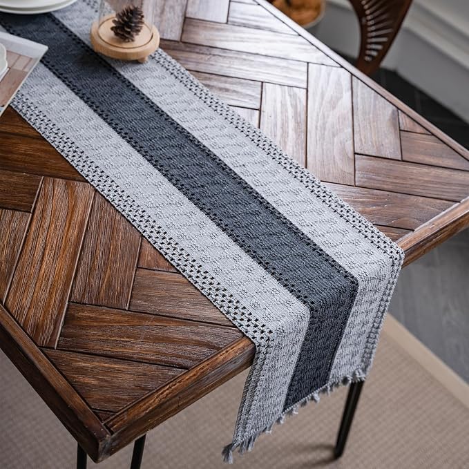 Macrame Table Runner Grey Boho Table Runners with Tassels 12x60in | Alynsehom Hand Woven Cotton Table Runner Rustic Farmhouse Table Runners for Bohemian Kitchen Dining Table