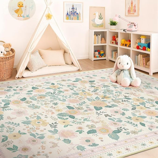 Washable Floral Area Rug for Living Room 5x7 Light Beige | Non-Slip，Vacuum-Friendly, Low Pile, Flower Carpet for Bedroom Kitchen Entryway Dining Room Office Nursery