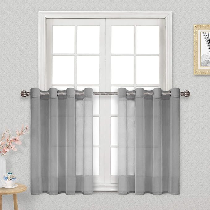 DWCN Sheer Curtains, Grommet Top Grey Faux Linen Look Voile Semi Transparent Solid Window Sheer Curtains Drapes for Bedroom Living Room, Set of 2 Panels 52 x 36 Inch Long, Grey