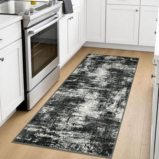 Lansny Abstract Washable Kitchen Runner 2x5 Runner Rug Non Slip for Hallway | Charcoal Black;Thin Printed Faux Wool Entryway Runner Indoor;Hallway Runner Rug;5ft Floor Carpet Runners;Bedroom Runners