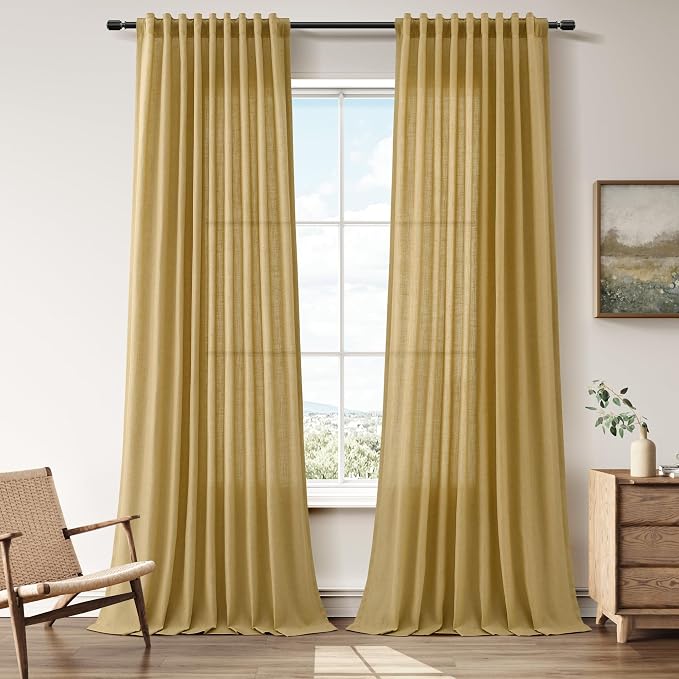 Extra Long Linen Curtains 108 Inches for Living Room Back Tab Semi Sheer High Floor to Ceiling 9ft Light Filtering Curtain Boho Farmhouse Decor Window Drapes for Bedroom 2 Panels Gold