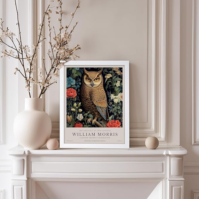 Monem Art William Morris Poster - Owl and Flowers Print - Bird Art - Botanical Artwork - Animal Exhibition Illustration - Floral Design - Aesthetic Creation - Bedroom or Office Decor - 8x10 White Framed