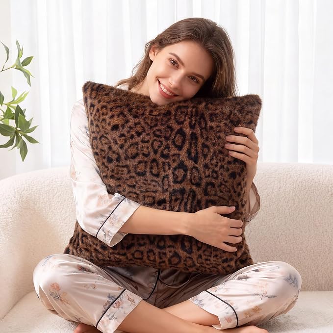 cygnus Dark Brown Leopard Pillow Covers | Soft Faux Fur Cheetah Print Pillowcase 18x18 inch, Animal Decorative Throw Pillow Covers for Couch Sofa Bedroom