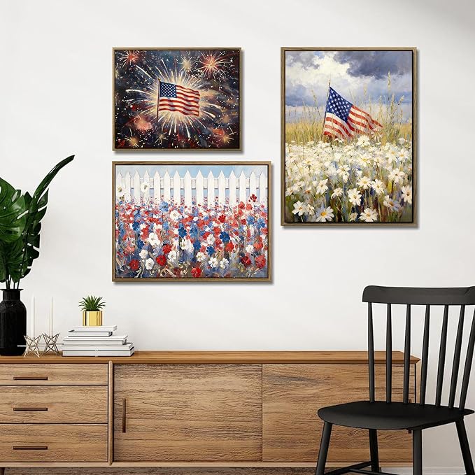 American Flag Framed Canvas Wall Art, 4th of July Patriotic Canvas Prints | Vintage Rustic Landscape Poster Print, Independence Day Wall Decor for Bedroom Living Room Dining Room Office 20×24in
