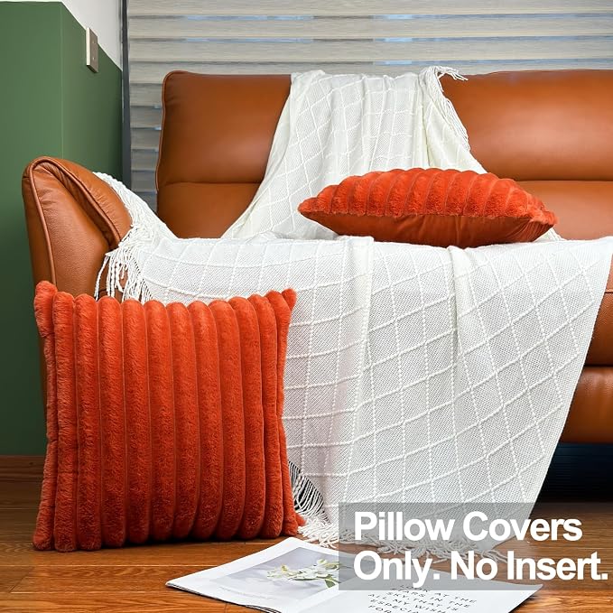 COTEY 20x20 Decorative Faux Fur Throw Pillow Covers Set of 2- Burnt Orange