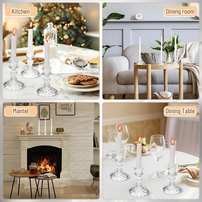 24 Pcs Glass Candle Holder Set 12 Candlestick White Candles,Clear | Clear Glass Holders with Taper Candles for Wedding Party Dinner Table Centerpiece, Elegant Classic Design Event Decor