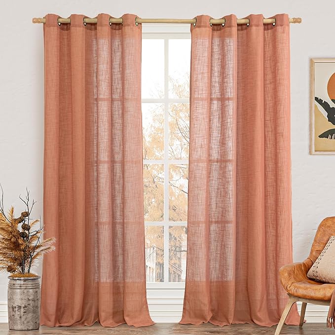 Terracotta Linen Sheer Curtains 90 inch Length for Living Room | Soft Thick Light Filtering Panels, Neutral Boho, Fall Decor, Drapes for Bedroom, Bronze Grommet, 2 Panels Set, 52 x 90 Inch