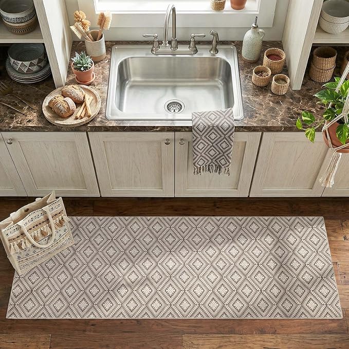 jinchan 2x6 Faux Jute Runner Rug Washable Hallway Rug, Stone Taupe | Vintage Geometric, Non-Slip, Low Pile, Indoor Outdoor, High-Traffic, Kitchen, Bathroom, Laundry, Porch, Balcony, Entryway