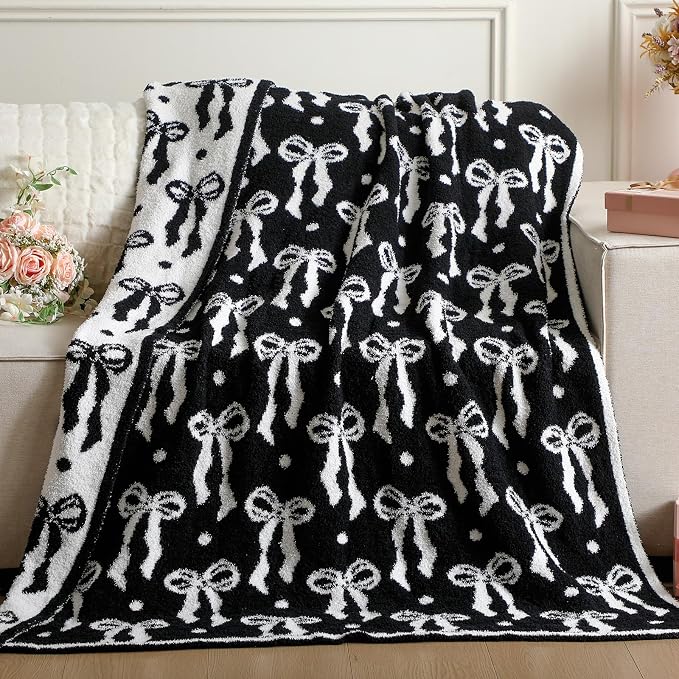 Buryeah Black Bow Blanket Soft Microfiber Double Sided Bow Throw Blanket 50"x 60" Coquette Aesthetic Dormitory Room Decor Plush Sofa Chair Bedding Stuff for Women, Christmas Fall Thanksgiving Gifts