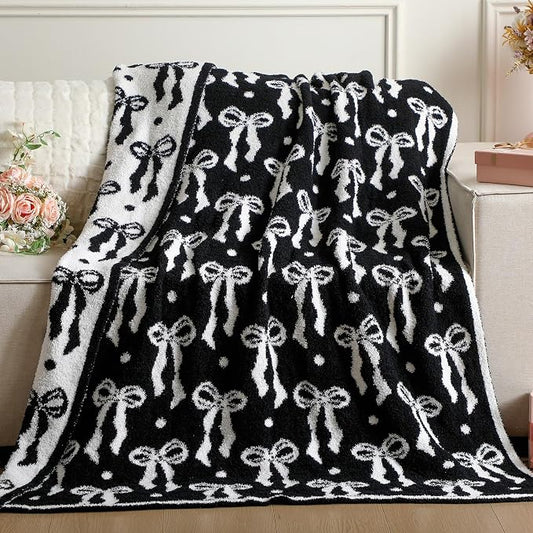 Buryeah Black Bow Blanket Soft Microfiber Double Sided Bow Throw Blanket 50"x 60" Coquette Aesthetic Dormitory Room Decor Plush Sofa Chair Bedding Stuff for Women, Christmas Fall Thanksgiving Gifts