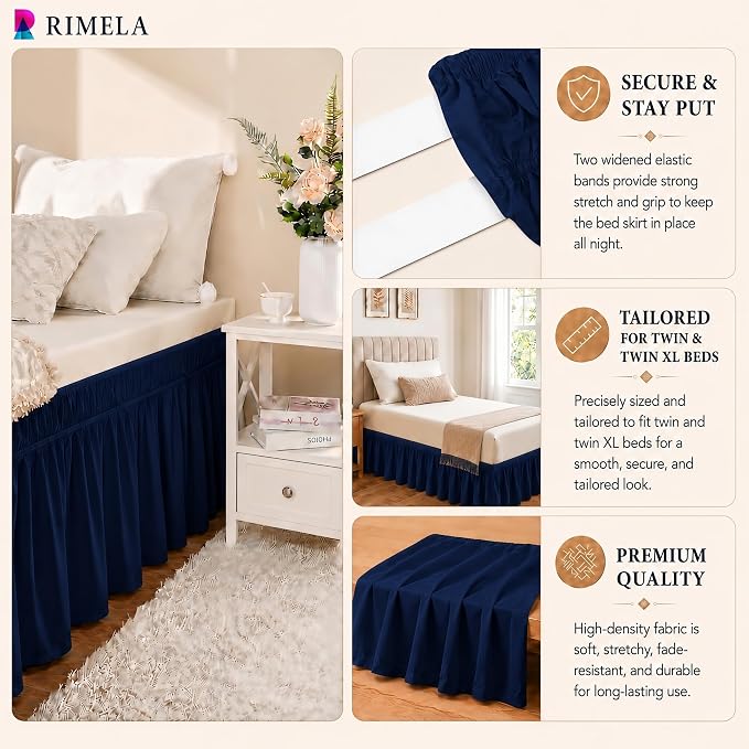 Dorm Room Bed Skirt Twin XL 42" Drop, College Split Corner Bedskirt, Navy | Solid ruffled, Wrap-around/elastic, Wrinkle & Fade resistant, with Adhesive Strips, Gift Packed, Machine Wash/Tumble Dry/Iron