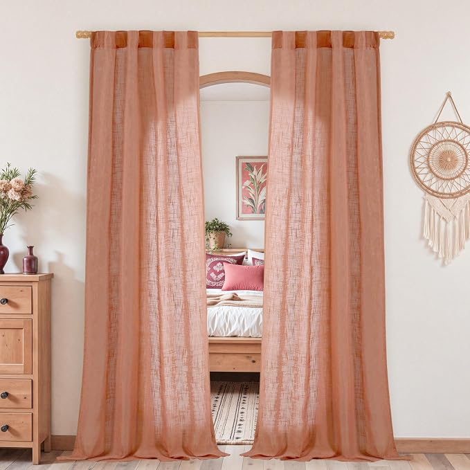 Terracotta Linen Curtains 80 inch Length 2 Panels for Doorway | Light Filtering, Semi Sheer, Rod Pocket Back Tab, Neutral Drapes for Bedroom, Living Room, Window Treatment, 34 x 80 Inch