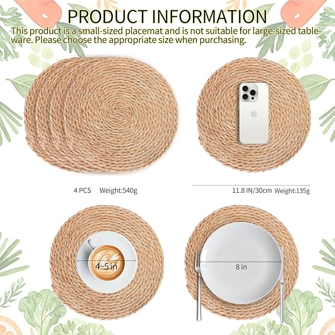 Woven Placemats Set of 4,12 Inch Medium Size Rattan Placemats Wicker Place MatsNatural Farmhouse Jute Braided Table Runnerfor Kitchen Countertops Medium Size Please Choose Carefully