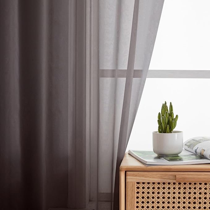 Simplebrand Chocolate Sheer Curtains 96 Inches Long, Light Filtering Rod Pocket Solid Color Window Sheer Curtain Panels, Elegant Curtains & Drapes for Living Room, Bedroom 2 Panels, 42" W x 96" L