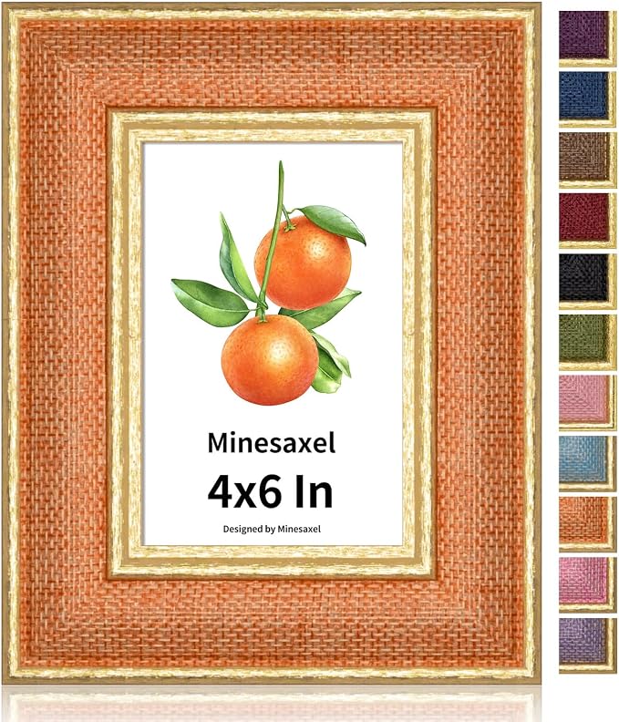 4x6 Picture Frame - Orange Fabric & Vintage Gold Border HD Real Glass with Easel for Tabletop/Wall (Family Photos, Farmhouse Decor 1 Pack)