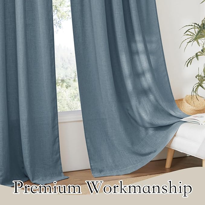 RYB HOME Linen Textured Semi Sheer Curtains 63 inches Long for Living Room | Half Privacy, Light Filtering, Faux Linen Blend, Office Nursery Dorm Bathroom, Stone Blue, W52 x L63, 1 Pair