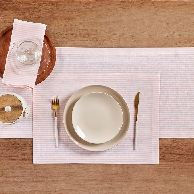 Solino Home 100% Linen Table Runner, 14 x 36 in, Peach and White Striped | Narrow Stripe, dresses up dining tables for everyday meals, woven stripe, European flax fibres, soft, OEKO-TEX Certified