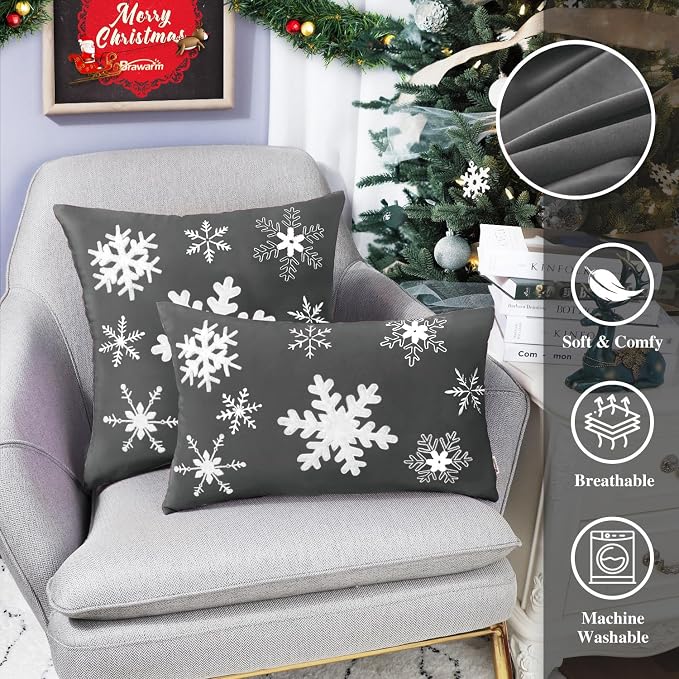 BRAWARM Christmas Pillow Cover 20 X 20 Inches, Gray Snowflake Embroidered Pillow Cover, Soft Velvet Decorative Throw Pillow for Couch Bed Sofa Living Room Home