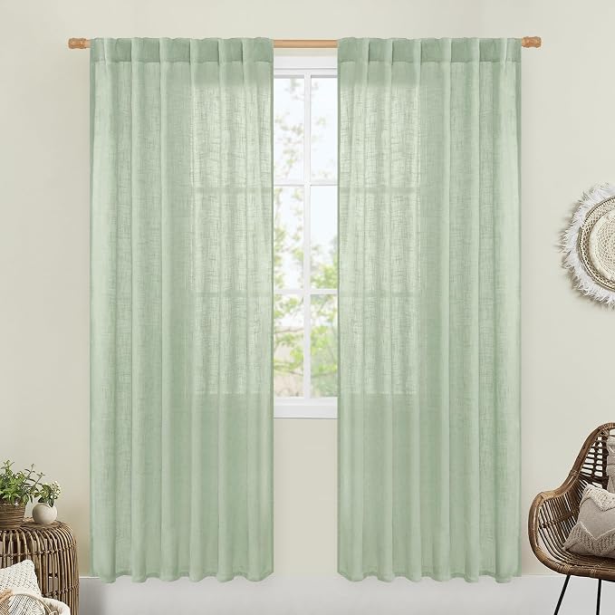 Fresh Green Linen Curtains for Living Room Bedroom 2 Panels | 80 Inch Faux Linen Textured, Light Filtering Drapes, Rod Pocket Back Tab, Boho Panels for Farmhouse, Porch, 52 x 80 Inch