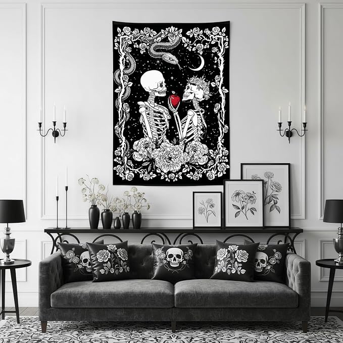 Accnicc Skeleton Lovers Tapestry Gothic Skull Vertical Tapestries Wall Hanging Black and White Floral Plant Snake Horror Small Tapestry for Bedroom Living Room Dorm 48 x 36 inch