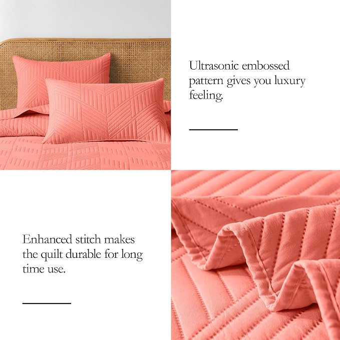 Davulos King/Cal King Quilt Set in Coral,Soft Reversible Microfiber Bedspread for All-Season Use in Bedroom or Dorm,Lightweight Modern Geometric Coverlet (1 Quilt, 2 Pillow Shams)