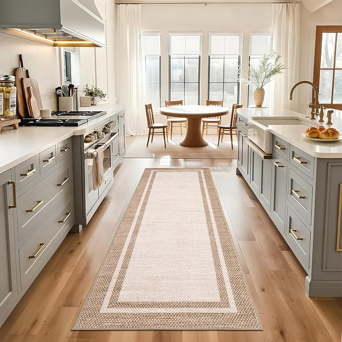 COZYLOOM 2x10 Runner Rug for Bedroom Washable Kitchen Rugs Non Slip Non Shedding Minimalist Rug Stain Resistant Low Pile Floor Cover Foldable Soft Modern Mats for Bathroom, Entryway, Hallway, Beige