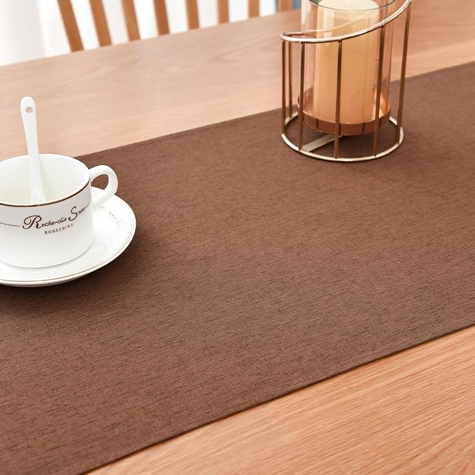Faux Linen Small Table Runner Water Resistant 13 x 36 in, Brown | Farmhouse Short Table Runners, Coffee Table Runner, Dresser Runners for Bedroom, Living Room, Kitchen, Dining, Party