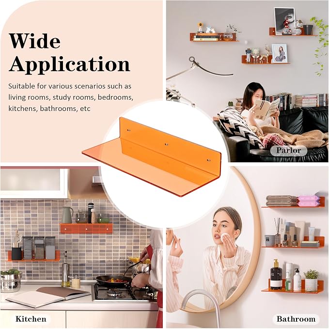 Sezanrpt 15 Inches Orange Acrylic Wall Shelves 2 Pack, L Shape Floating Shelf, Perspex Wall Mounted Shelves for Home Décor, Model Car, Candle, Calendar, Towel, Tissue