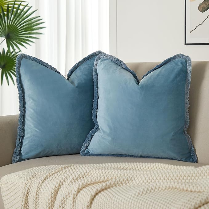 JUSPURBET Aqua Decorative Velvet Fringe Throw Pillow Covers 20x20 Set of 2 Boho Soft Cushion Case for Home Decor Living Room Couch Sofa Bed