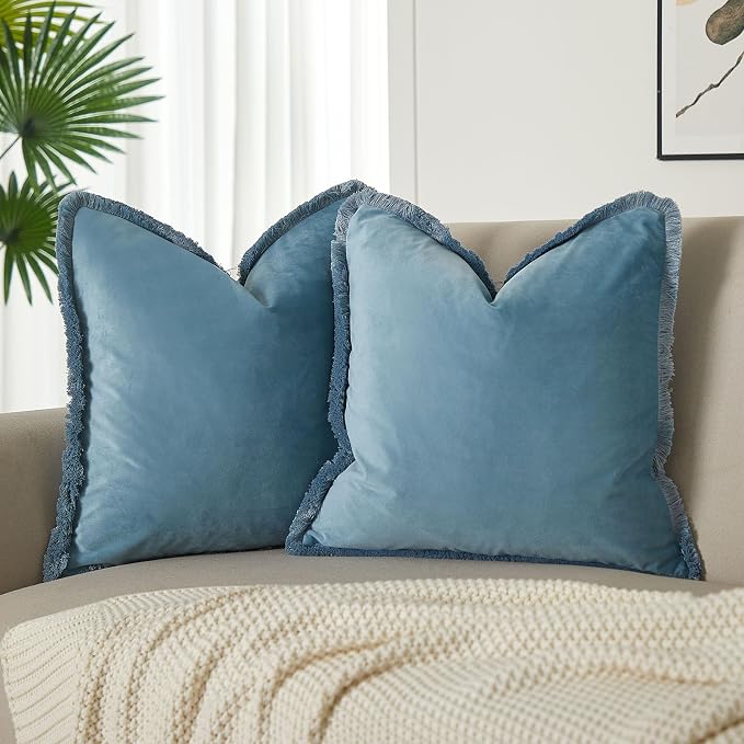 JUSPURBET Aqua Decorative Velvet Fringe Throw Pillow Covers 24x24 Set of 2 Boho Soft Cushion Case for Home Decor Living Room Couch Sofa Bed